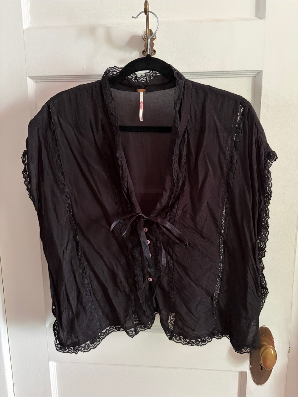 Free People Black Lace-Trim Sheer Blouse